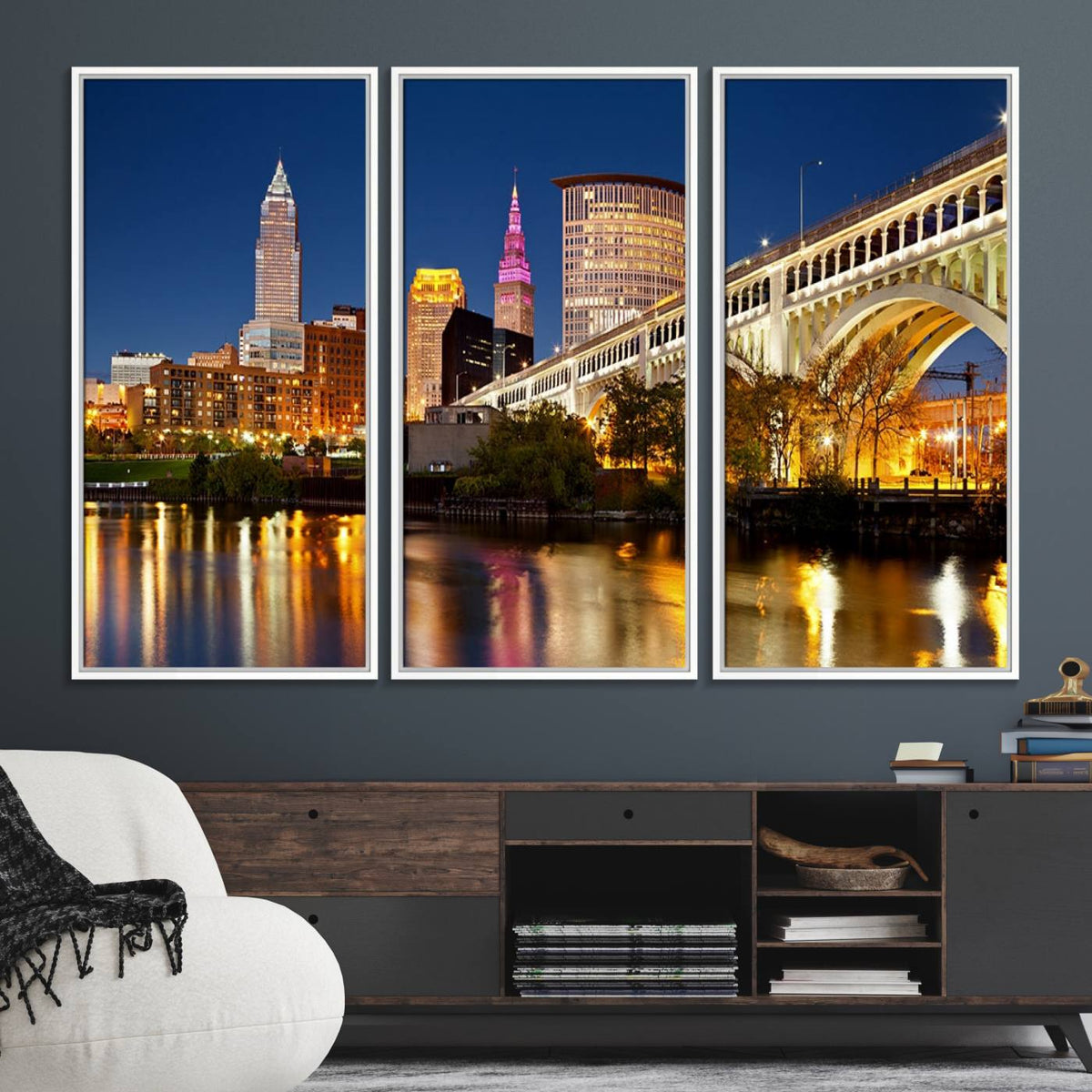 Cleveland City Lights Night Skyline Cityscape View Wall Art