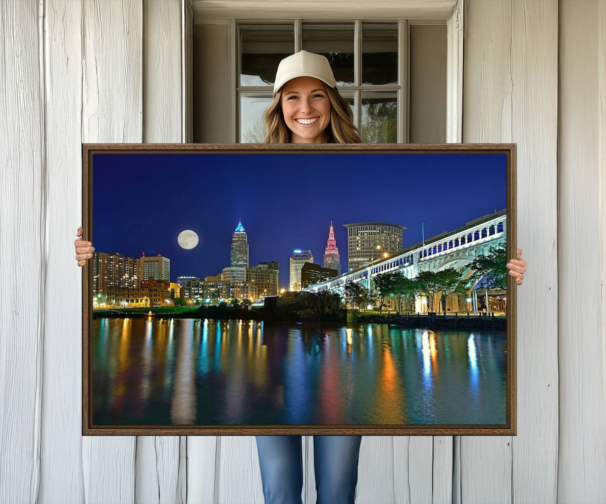 Cleveland City Lights Night Skyline Wall Art Cityscape