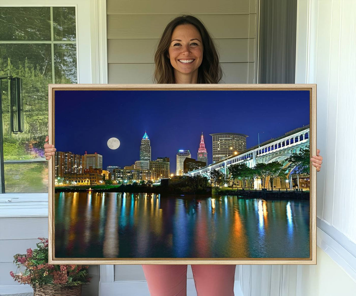 Cleveland City Lights Night Skyline Wall Art Cityscape