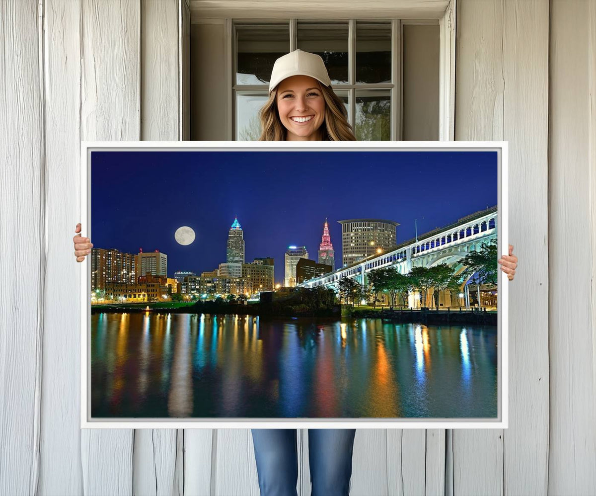 Cleveland City Lights Night Skyline Wall Art Cityscape