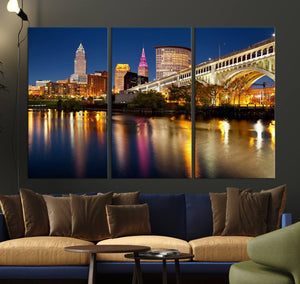 Cleveland Night Skyline Wall Art, City Cityscape Canvas
