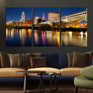 Cleveland Night Skyline Wall Art, City Cityscape Canvas