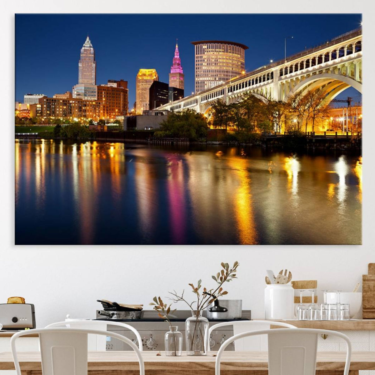 Cleveland Night Skyline Wall Art, City Cityscape Canvas
