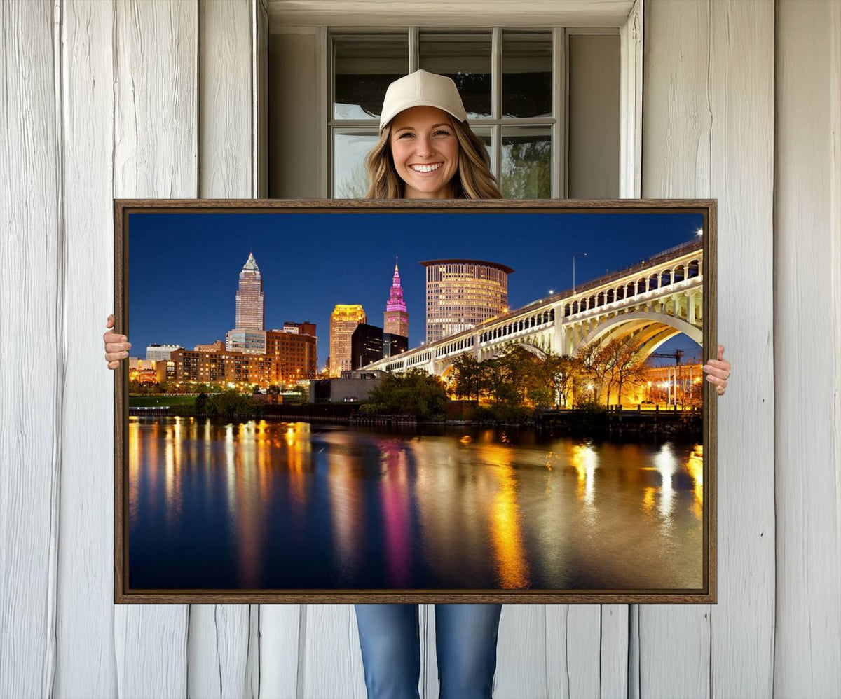 Cleveland Night Skyline Wall Art, City Cityscape Canvas