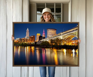 Cleveland Night Skyline Wall Art, City Cityscape Canvas
