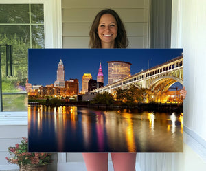 Cleveland Night Skyline Wall Art, City Cityscape Canvas