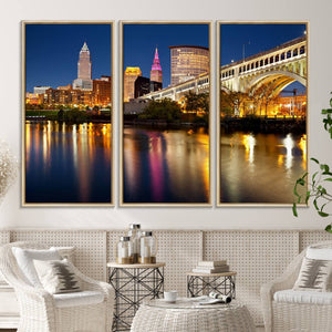 Cleveland Night Skyline Wall Art, City Cityscape Canvas