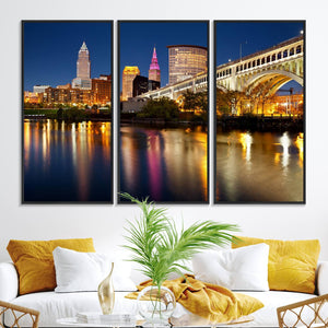 Cleveland Night Skyline Wall Art, City Cityscape Canvas