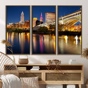 Cleveland Night Skyline Wall Art, City Cityscape Canvas