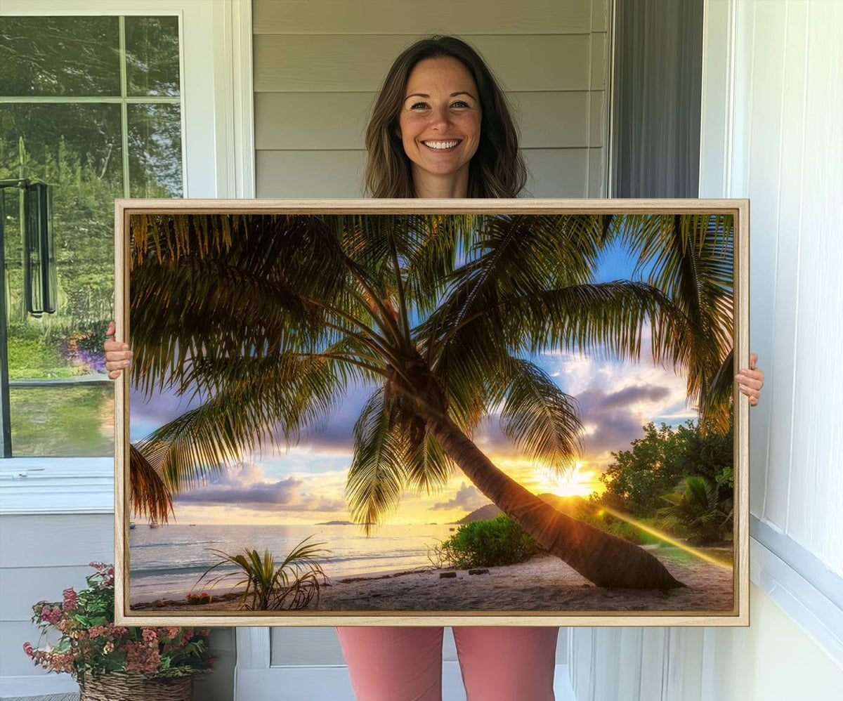Coastal Sunset Palm Tree Giclee Canvas Print – Tropical