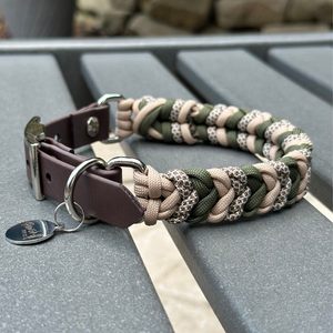 Coiled Charm Hand Braided Dog Collar in Olive, Light Tan, & Coyote Brown Diamonds