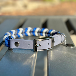 Coiled Charm Hand Braided Dog Collar in Royal Blue, Graphite, & White