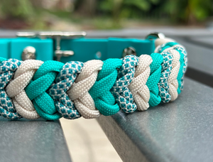 Coiled Charm Hand Braided Dog Collar in Teal, Cream, & Teal Diamonds