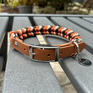 Coiled Charm Hand Braided Dog Collar in Burnt Orange, Walnut Brown, & Light Tan