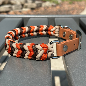 Coiled Charm Hand Braided Dog Collar in Burnt Orange, Walnut Brown, & Light Tan