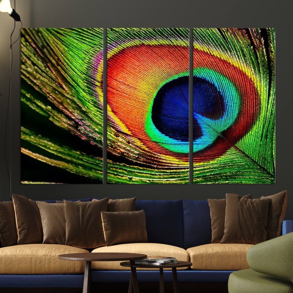 Colorful Peacock Feather Wall Art Print - Vibrant Green,
