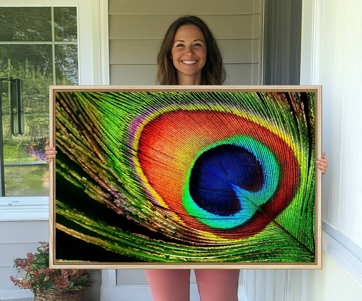 Colorful Peacock Feather Wall Art Print - Vibrant Green,