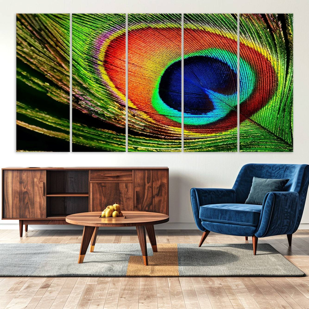 Colorful Peacock Feather Wall Art Print - Vibrant Green,