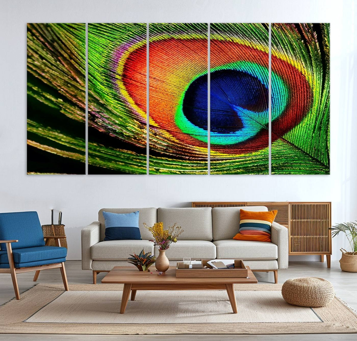 Colorful Peacock Feather Wall Art Print - Vibrant Green,