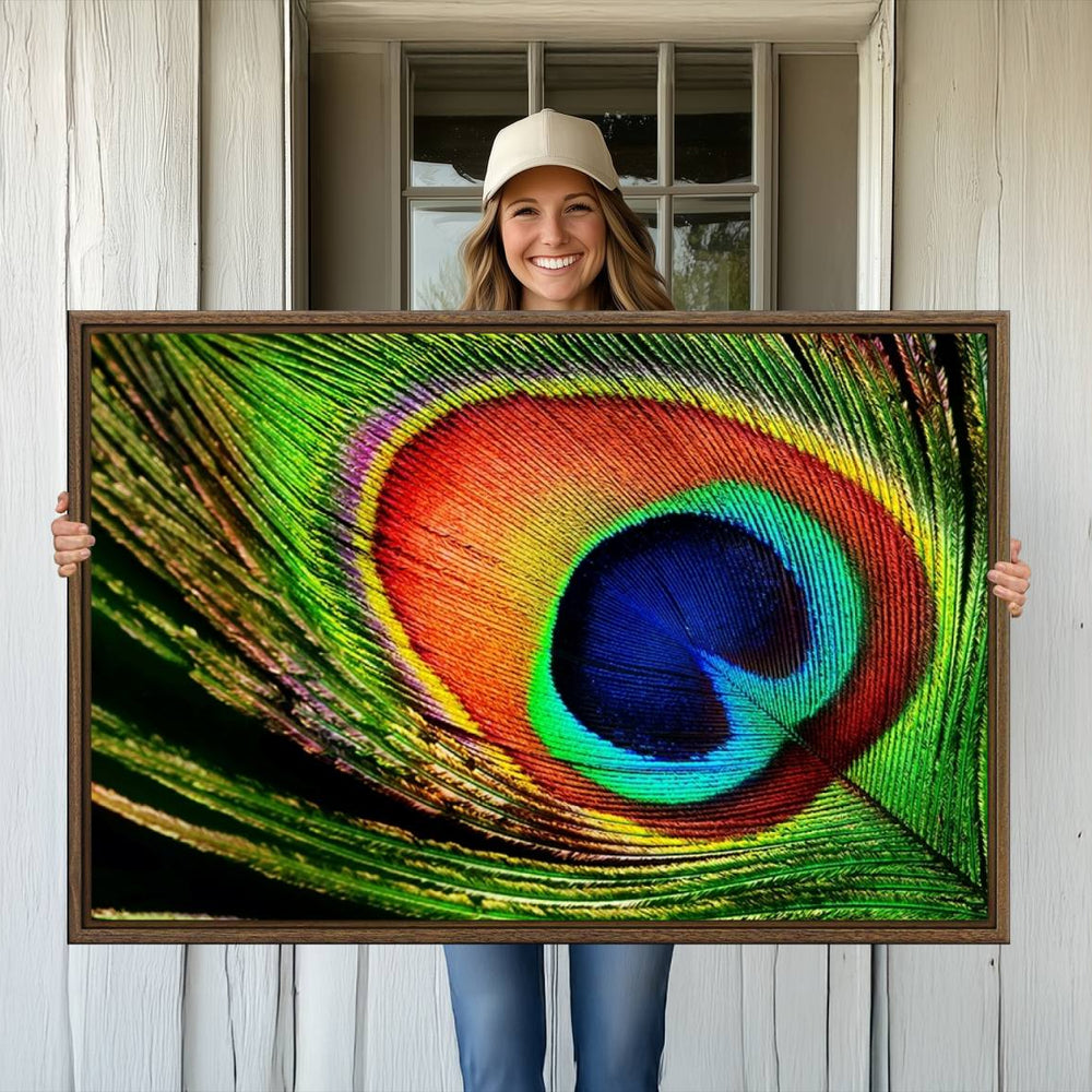 Colorful Peacock Feather Wall Art Print - Vibrant Green,