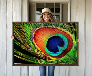 Colorful Peacock Feather Wall Art Print - Vibrant Green,