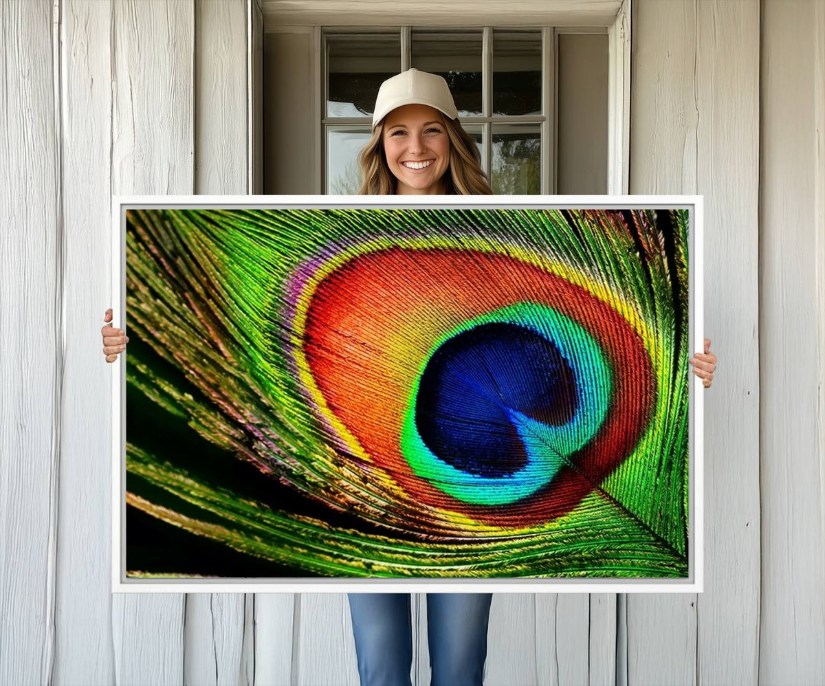 Colorful Peacock Feather Wall Art Print - Vibrant Green,