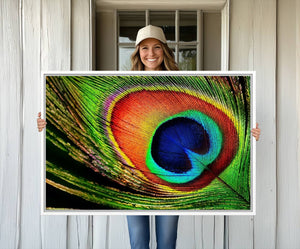Colorful Peacock Feather Wall Art Print - Vibrant Green,