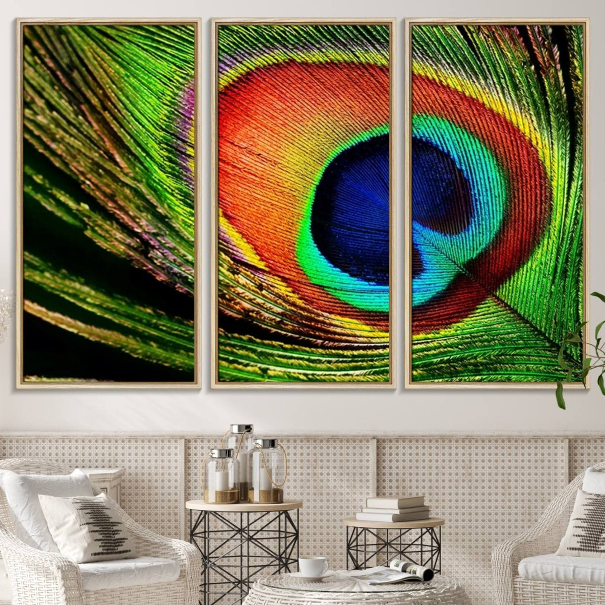 Colorful Peacock Feather Wall Art Print - Vibrant Green,
