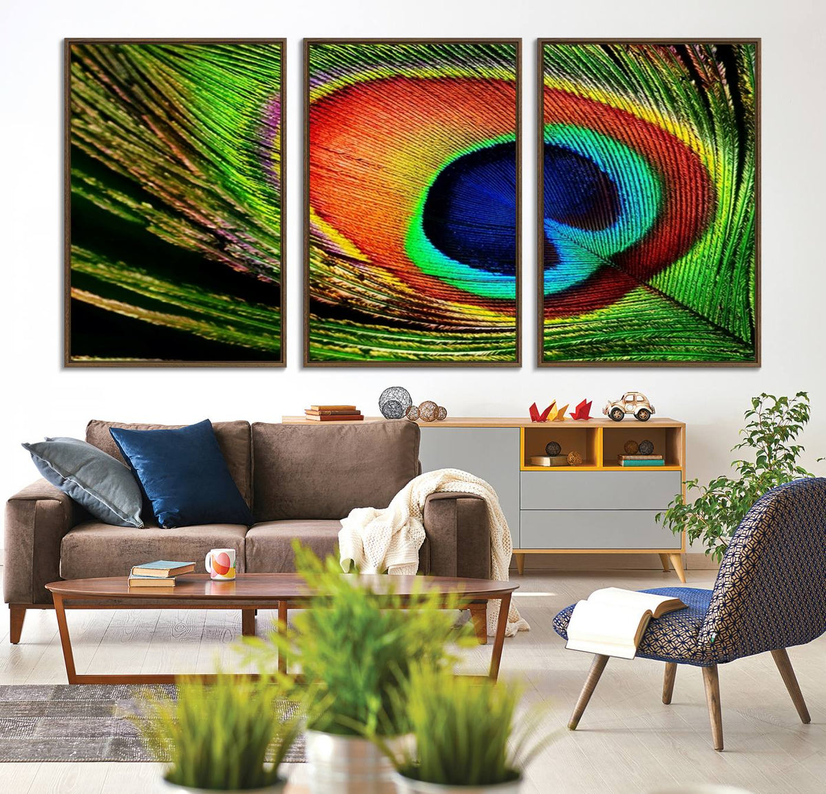 Colorful Peacock Feather Wall Art Print - Vibrant Green,