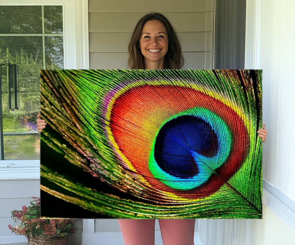 Colorful Peacock Feather Wall Art Print - Vibrant Green,