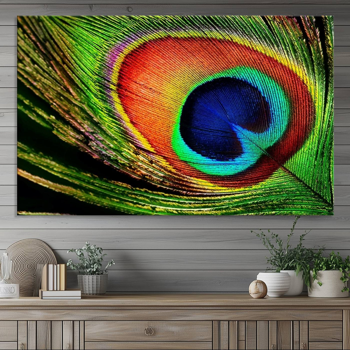 Colorful Peacock Feather Wall Art Print - Vibrant Green,