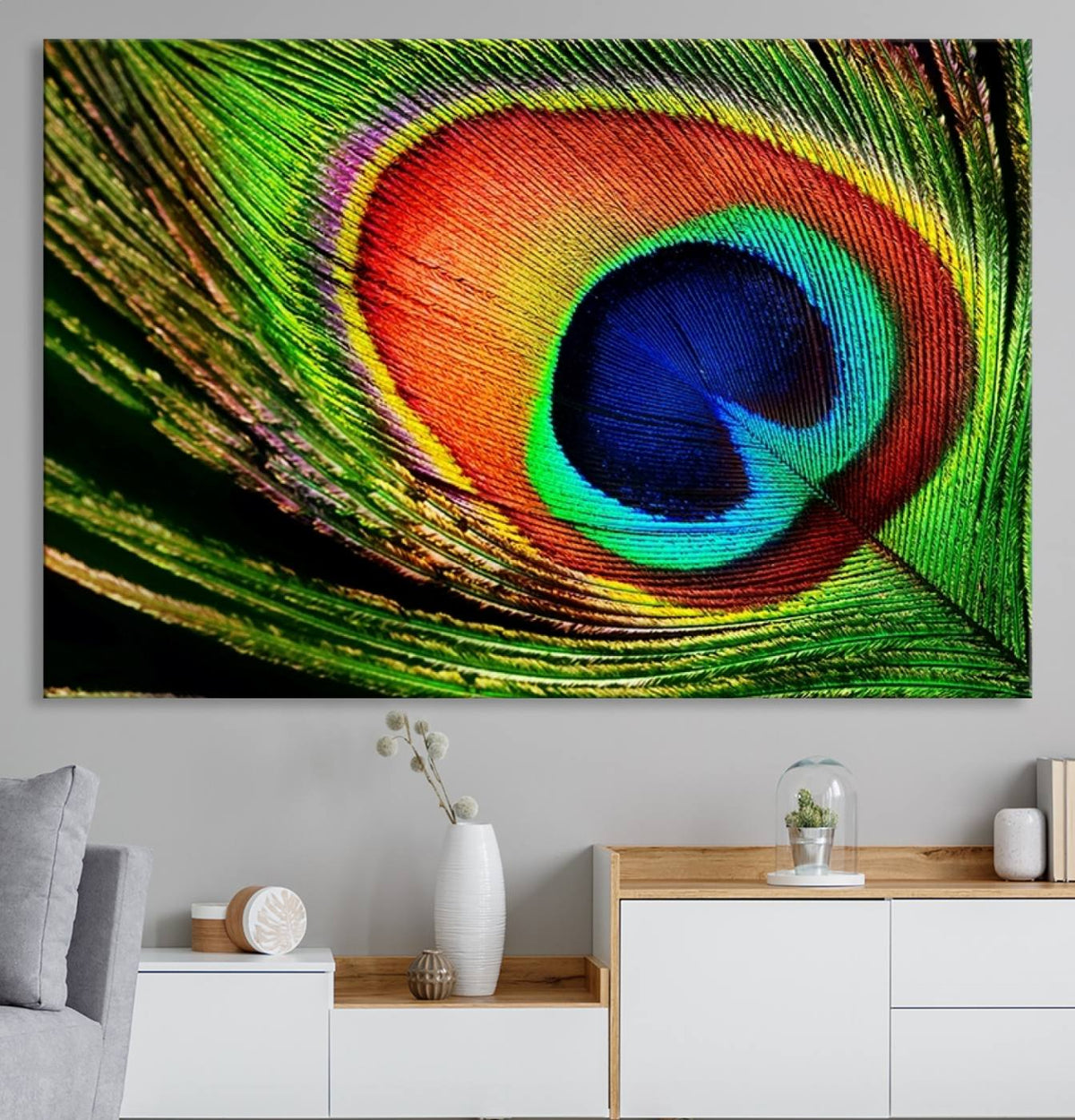 Colorful Peacock Feather Wall Art Print - Vibrant Green,