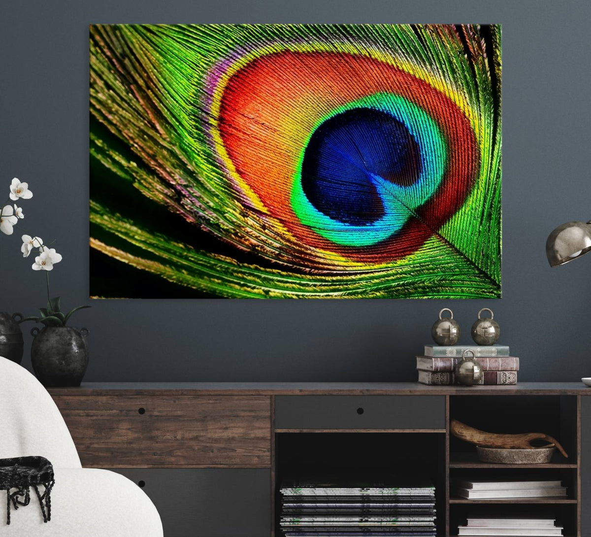 Colorful Peacock Feather Wall Art Print - Vibrant Green,