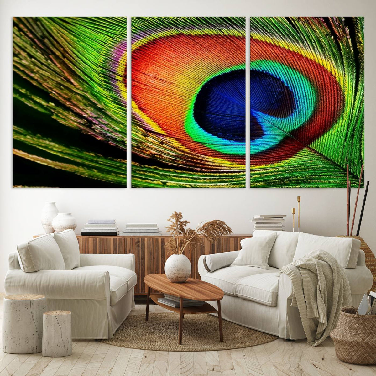 Colorful Peacock Feather Wall Art Print - Vibrant Green,