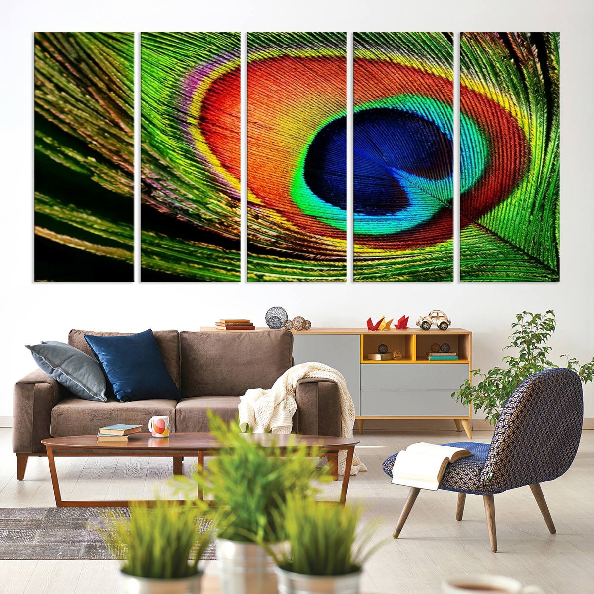 Colorful Peacock Feather Wall Art Print - Vibrant Green,