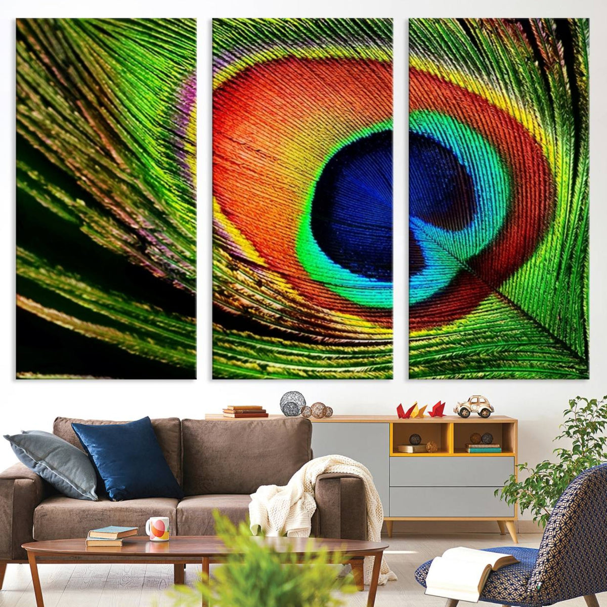 Colorful Peacock Feather Wall Art Print - Vibrant Green,