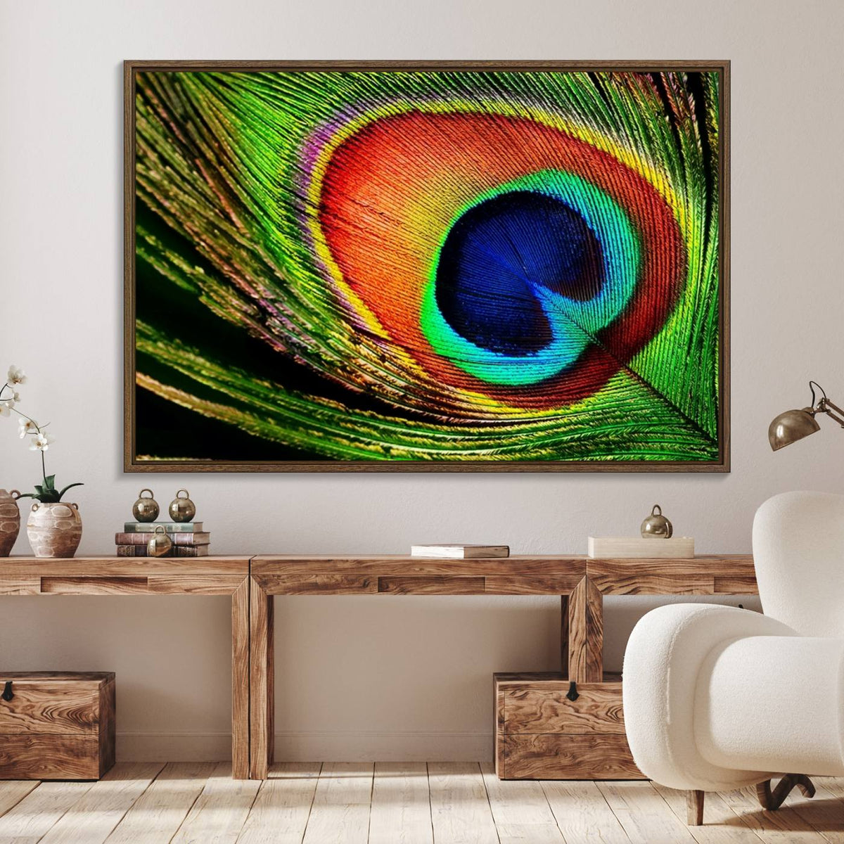Colorful Peacock Feather Wall Art Print - Vibrant Green,