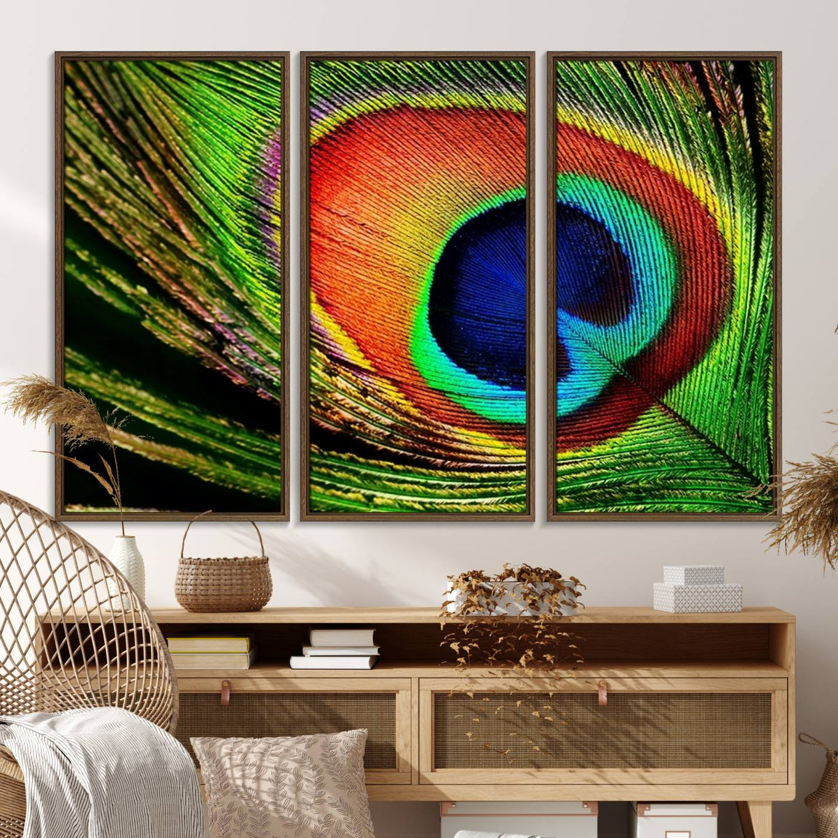 Colorful Peacock Feather Wall Art Print - Vibrant Green,