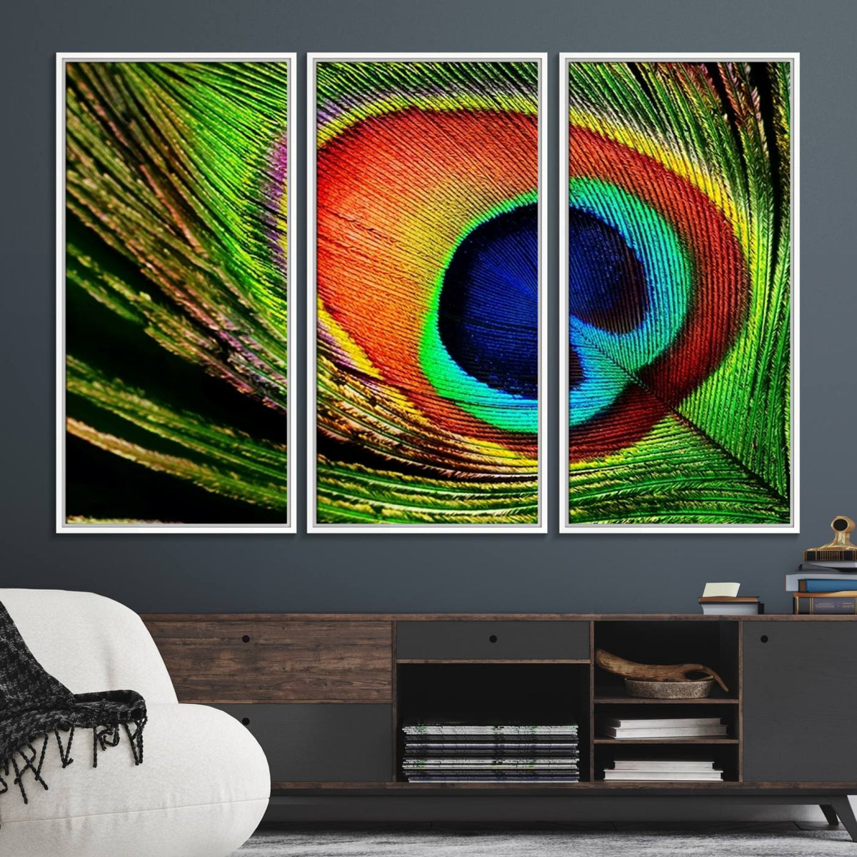 Colorful Peacock Feather Wall Art Print - Vibrant Green,