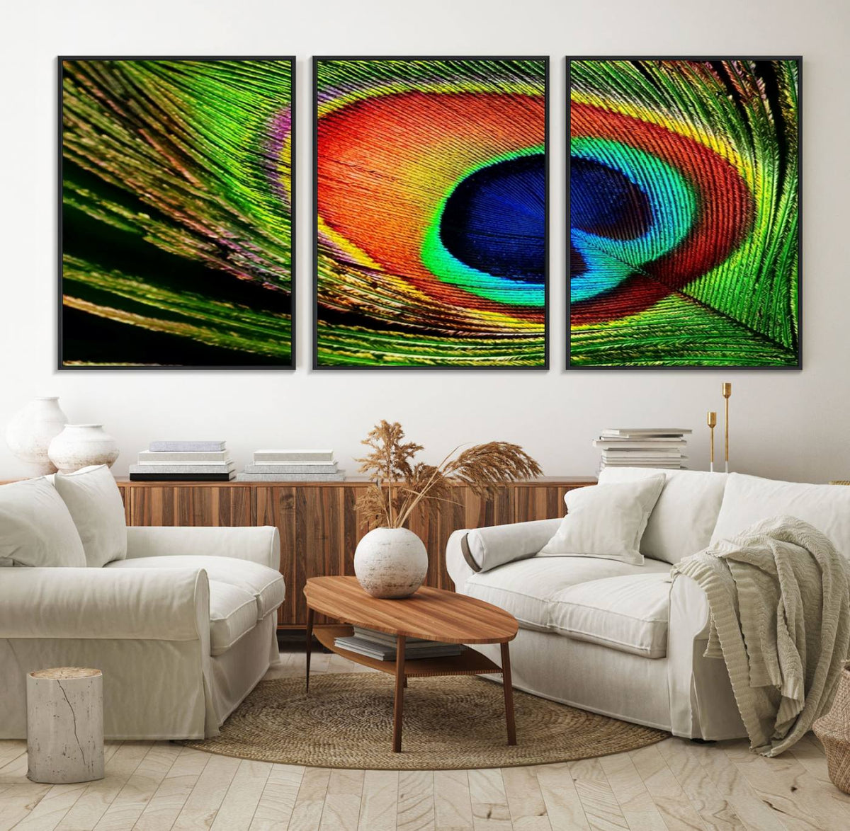 Colorful Peacock Feather Wall Art Print - Vibrant Green,
