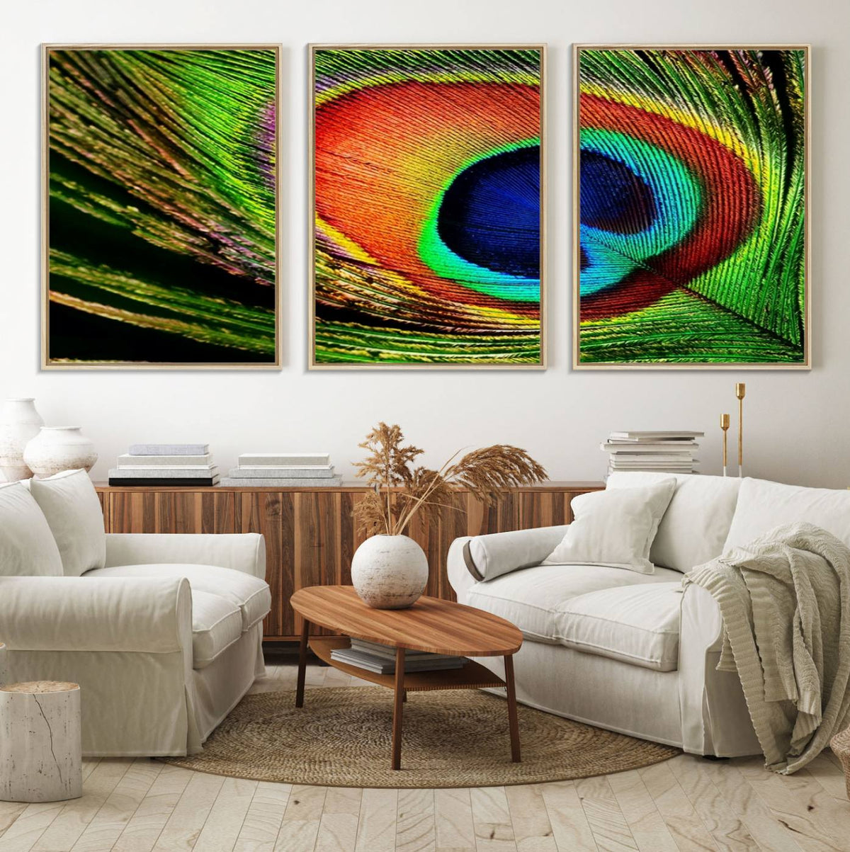 Colorful Peacock Feather Wall Art Print - Vibrant Green,