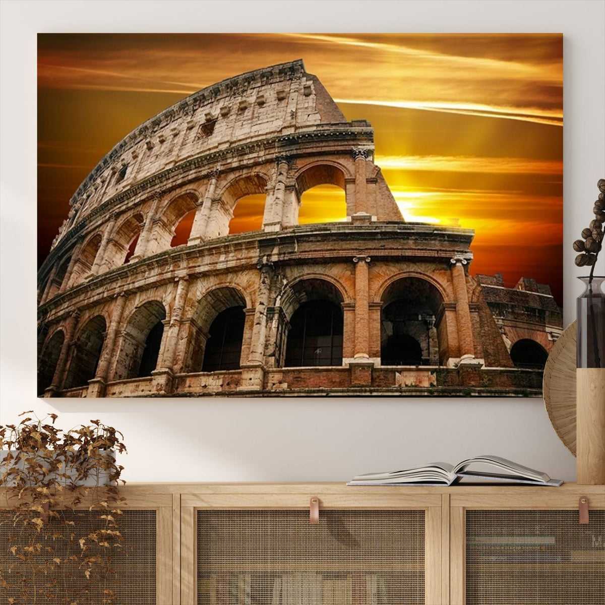 Colosseum with Yellow Sunset Behind Canvas Wall Art, Italy