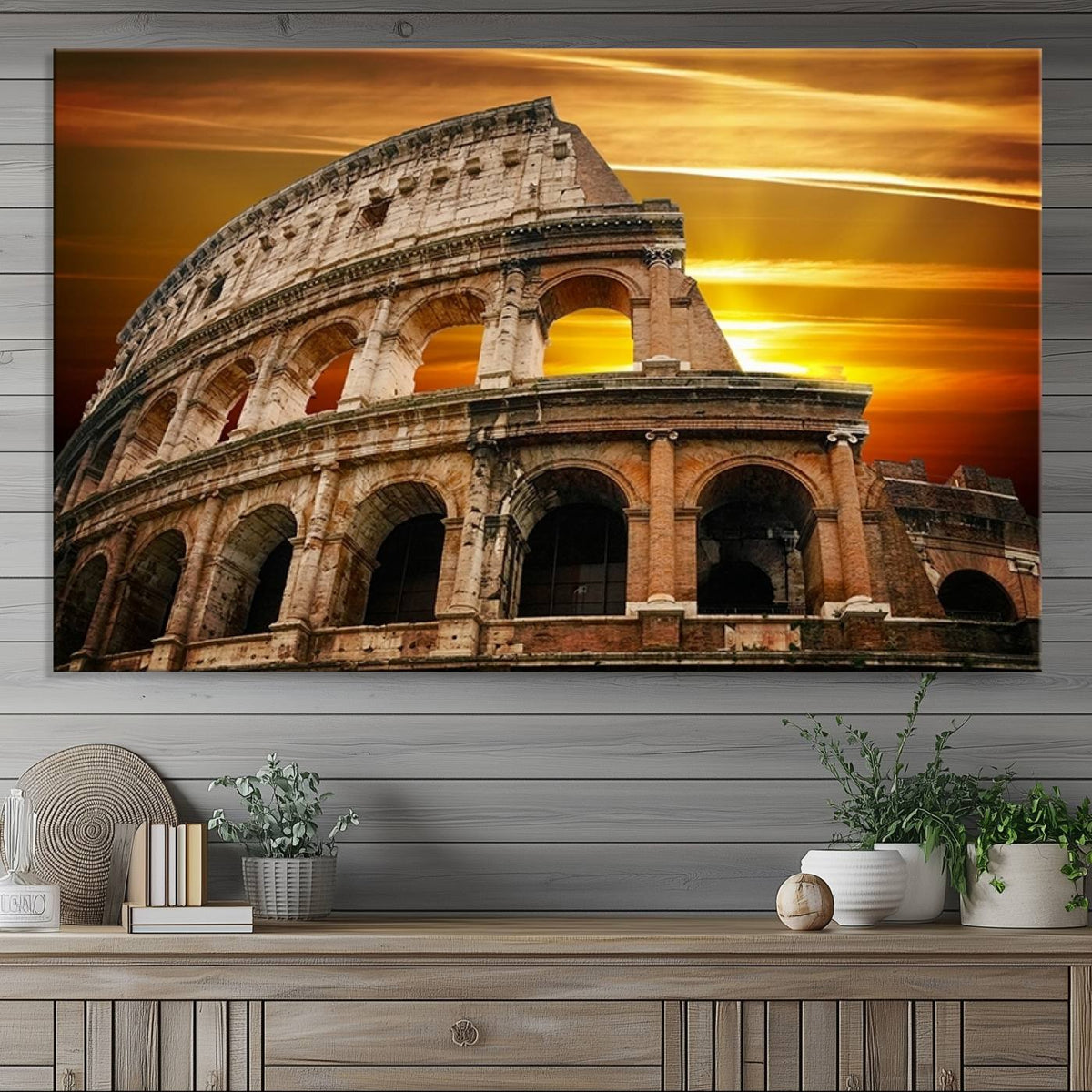 Colosseum with Yellow Sunset Behind Canvas Wall Art, Italy
