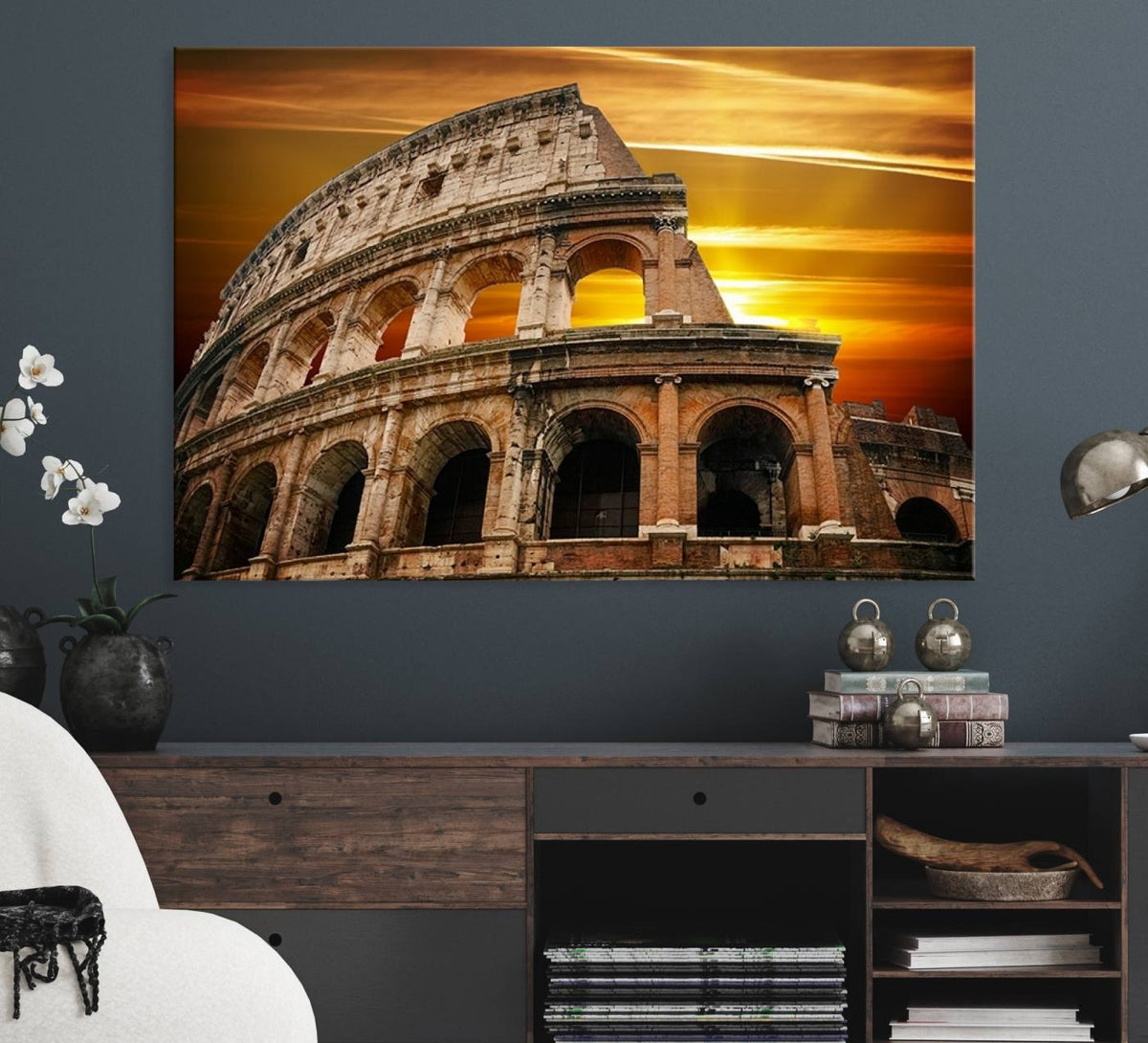 Colosseum with Yellow Sunset Behind Canvas Wall Art, Italy