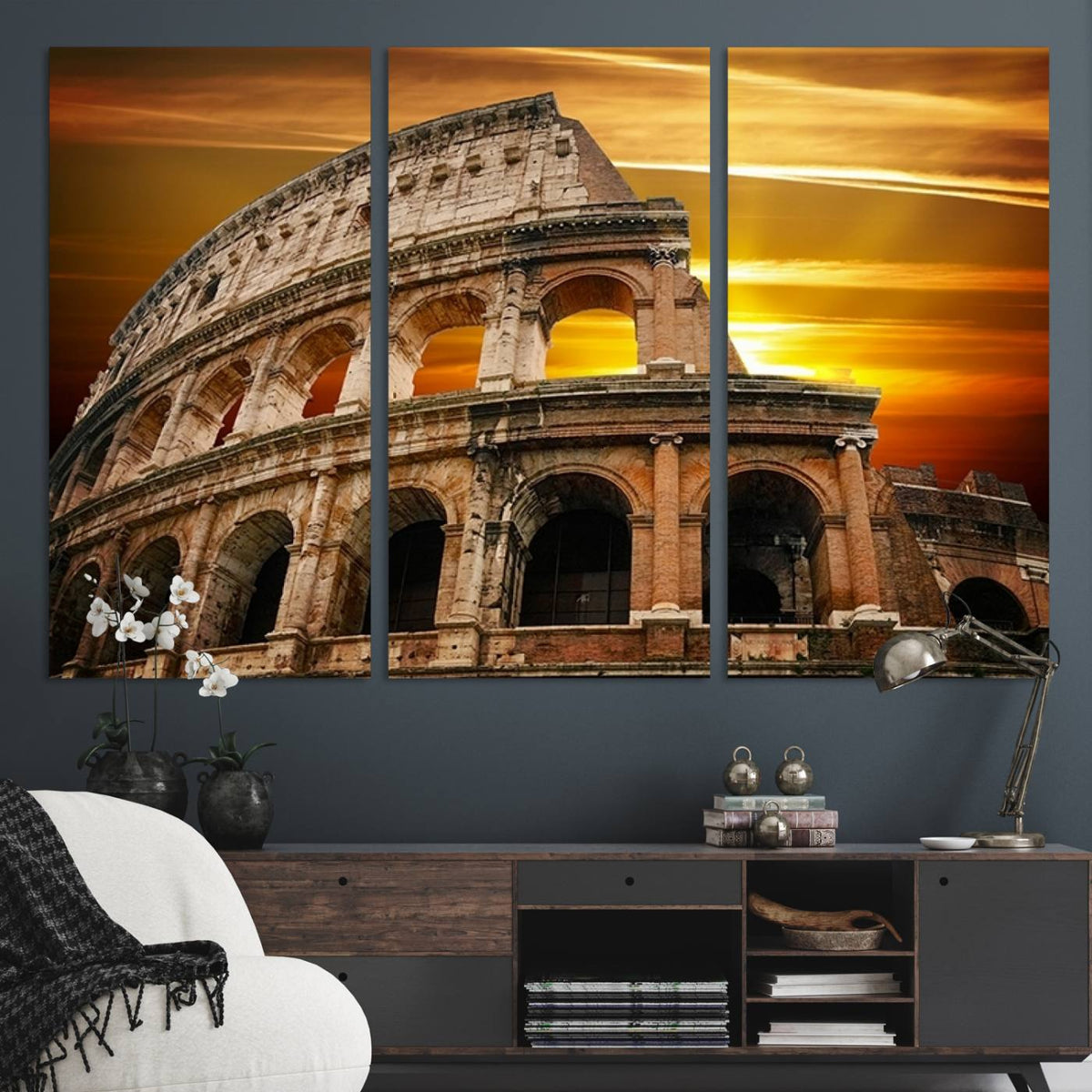 Colosseum with Yellow Sunset Behind Canvas Wall Art, Italy