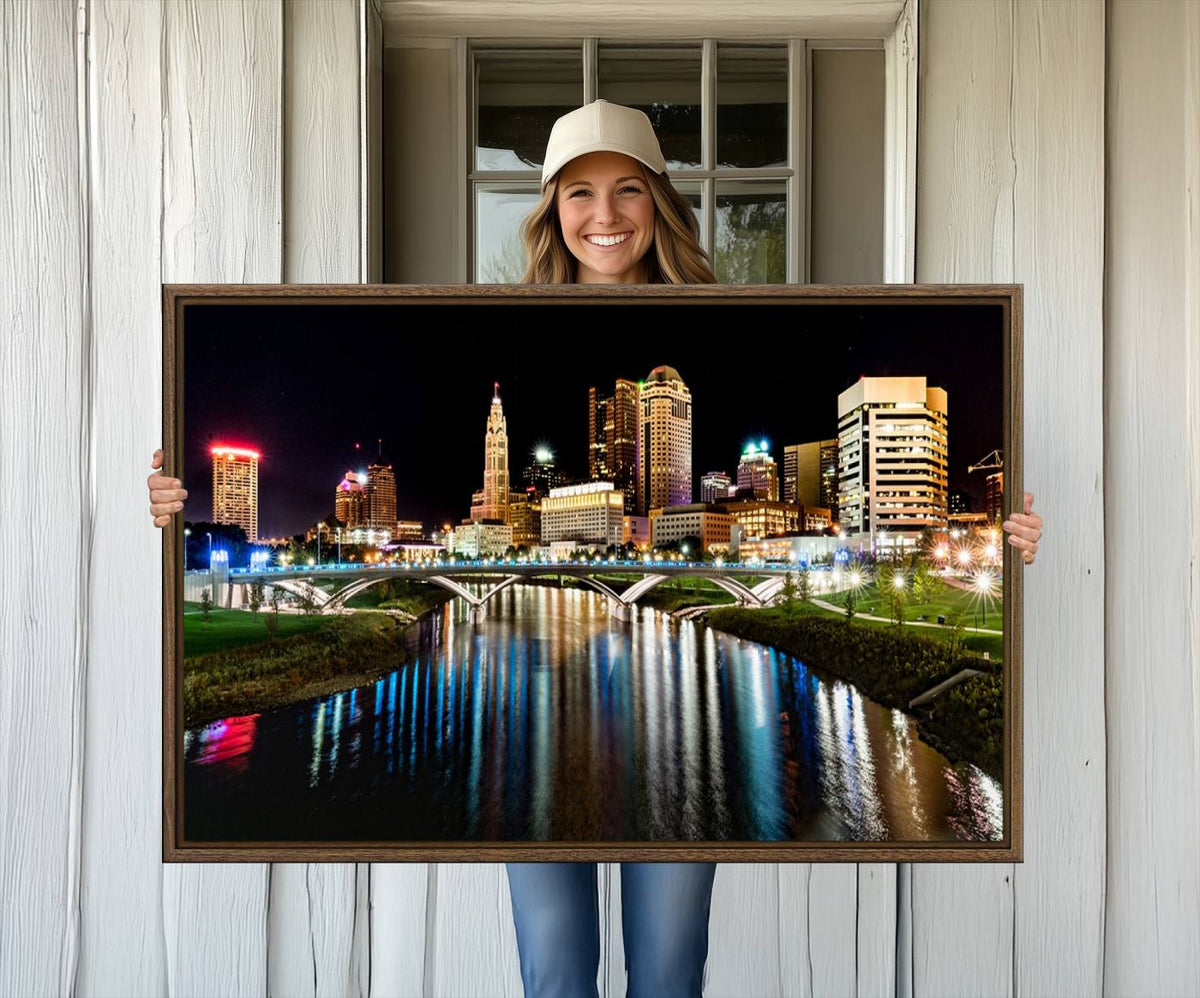 Columbus City Lights Night Skyline Cityscape View Wall Art,