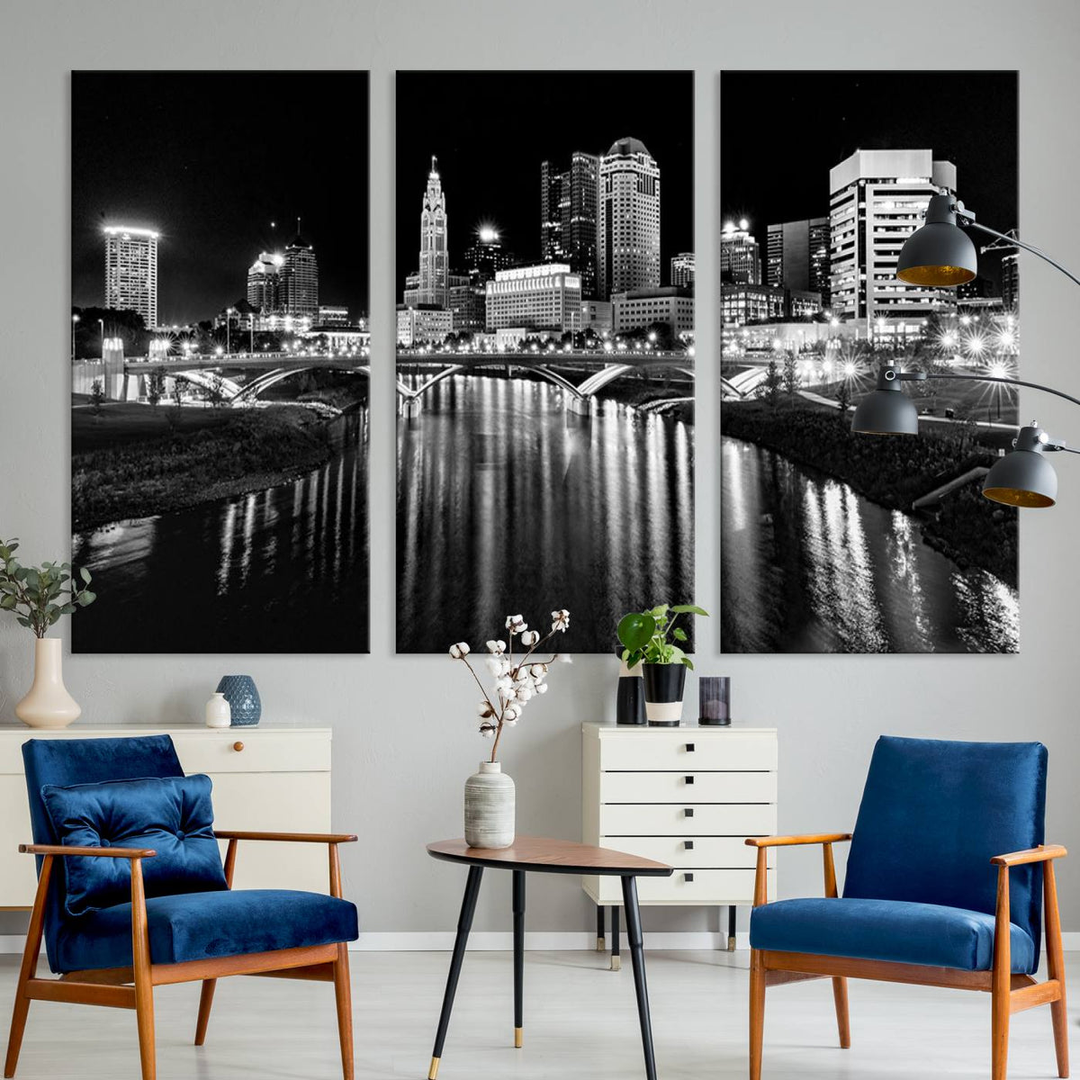 Columbus City Lights Skyline Black and White Wall Art