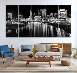 Columbus City Lights Skyline Black and White Wall Art