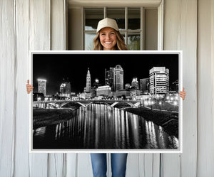 Columbus City Lights Skyline Black and White Wall Art