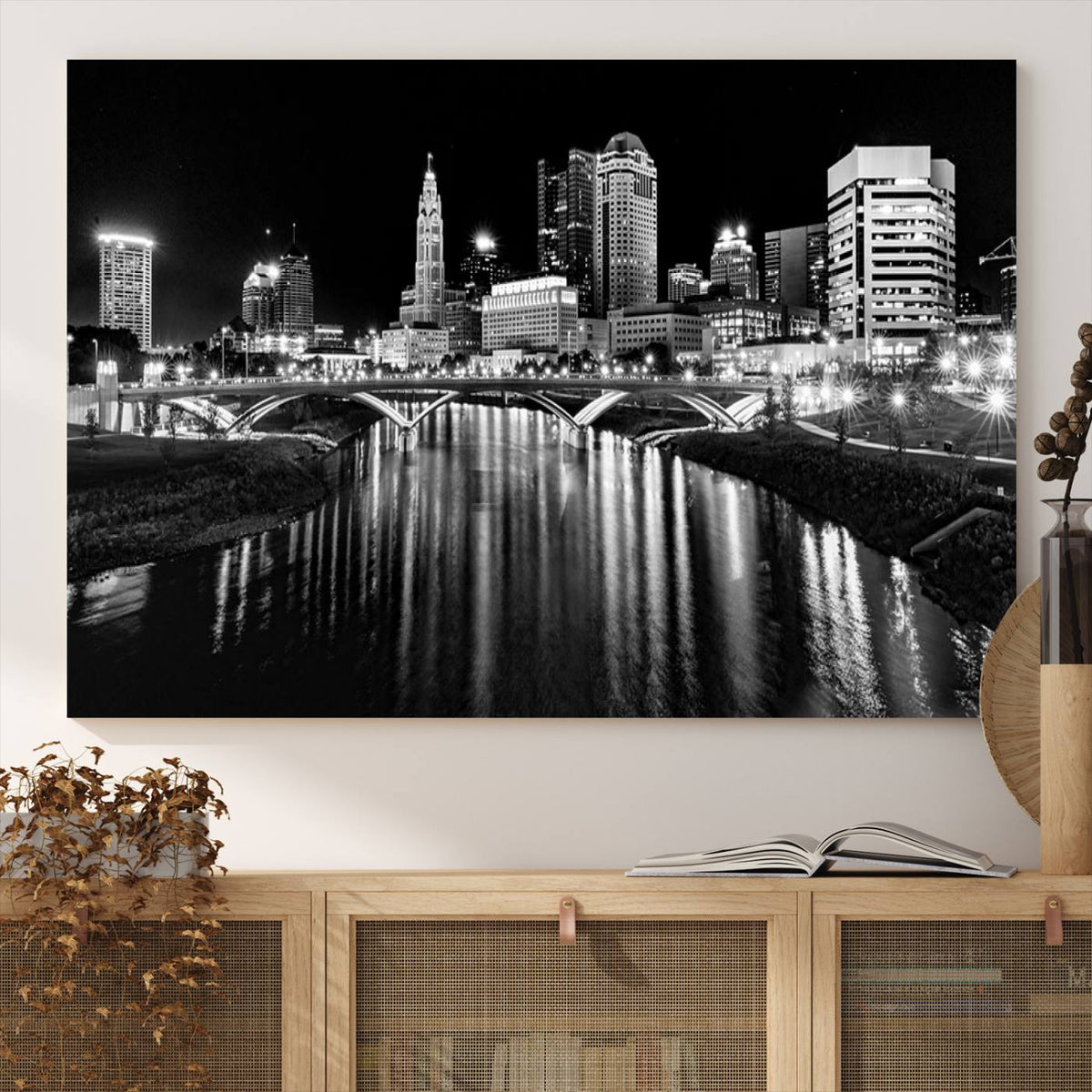 Columbus City Lights Skyline Black and White Wall Art